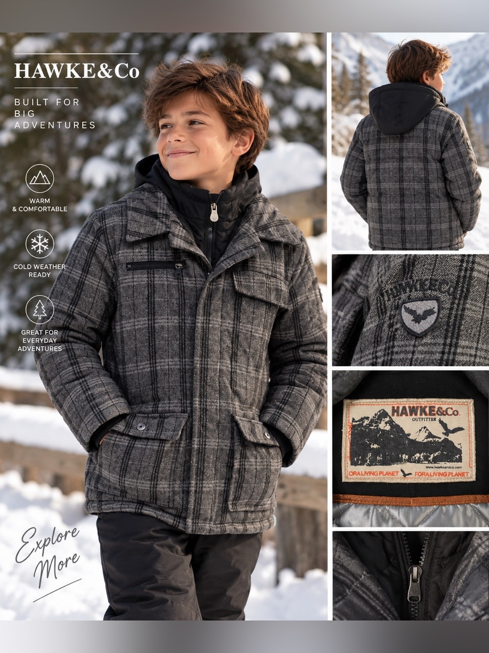 Hawke & Co Kids Gray Plaid Hooded Winter Coat Jacket Vintage Outdoor Style kids